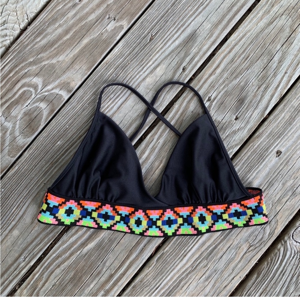 Luli Fama Black Neon Geometric Banded Bikini Top